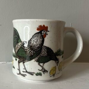 Vintage Crowing Rooster w/ Chickens Speckled Stoneware handpainted Mug EUC
